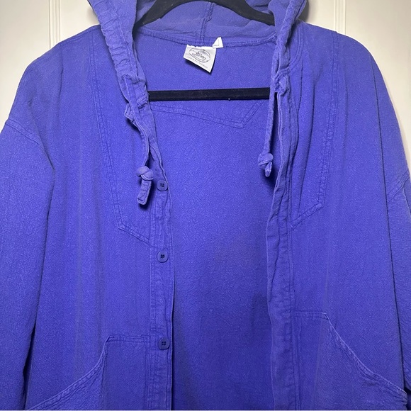 Purple Cotton Oversized Tilley Endurables Button Down Hooded Spring Jacket, M - Picture 2 of 9